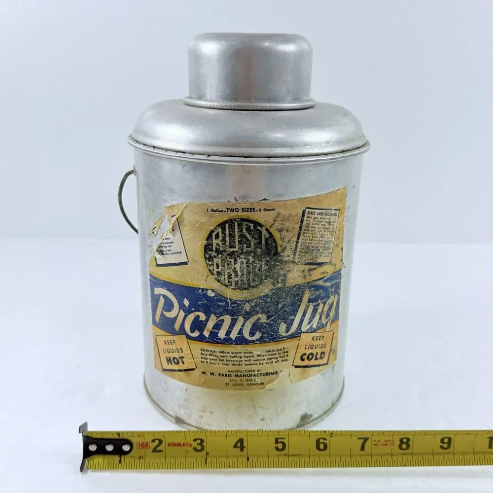 Vintage Faris Rust Proof Metal Picnic Jug Thermos W/ Drinking Cup & Handle 1960s